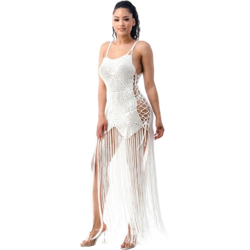 VENUS White Fringe Crochet Swim Cover-Up